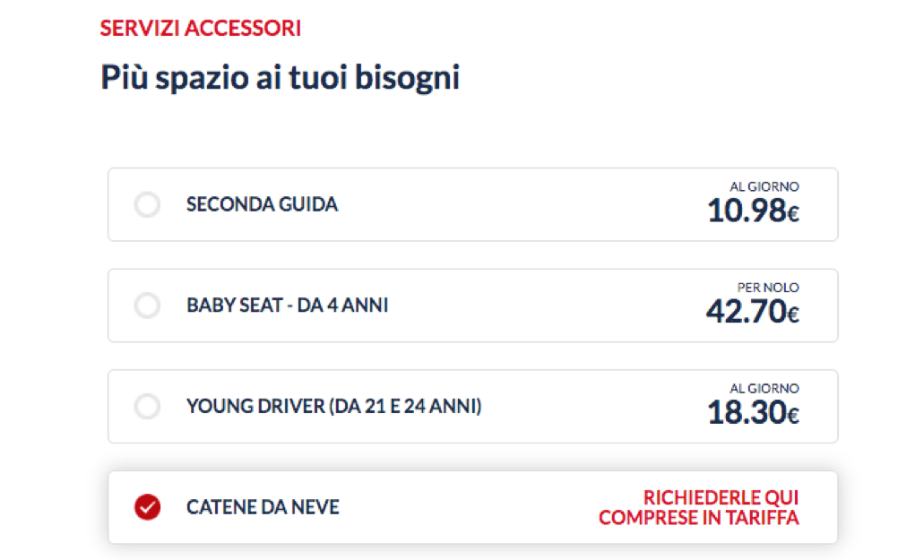 catene a bordo nel noleggio auto